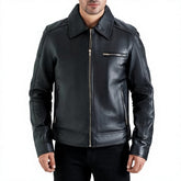 Men's Genuine Leather Moto Jacket Turn-Down Collar Zipper Front Solid Black Regular Fit Autumn Wear
