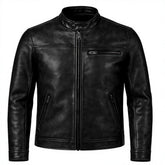 Men's Black Genuine Leather Moto Jacket Stand Collar Zipper Closure Regular Fit Autumn Style