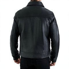 Men's Genuine Leather Moto Jacket Turn-Down Collar Zipper Front Solid Black Regular Fit Autumn Wear