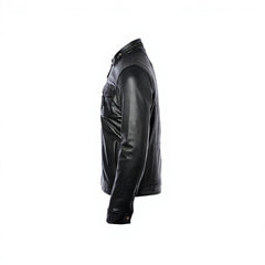 Men's Black Genuine Leather Stand Collar Utility Jacket Full Zip Casual Motorcycle Jacket