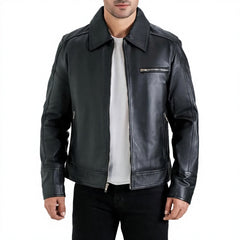 Men's Genuine Leather Moto Jacket Turn-Down Collar Zipper Front Solid Black Regular Fit Autumn Wear