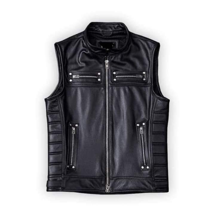 Men's Premium Black Genuine Leather Biker Vest | Motorcycle Riding Sleeveless Jacket | Tangico International