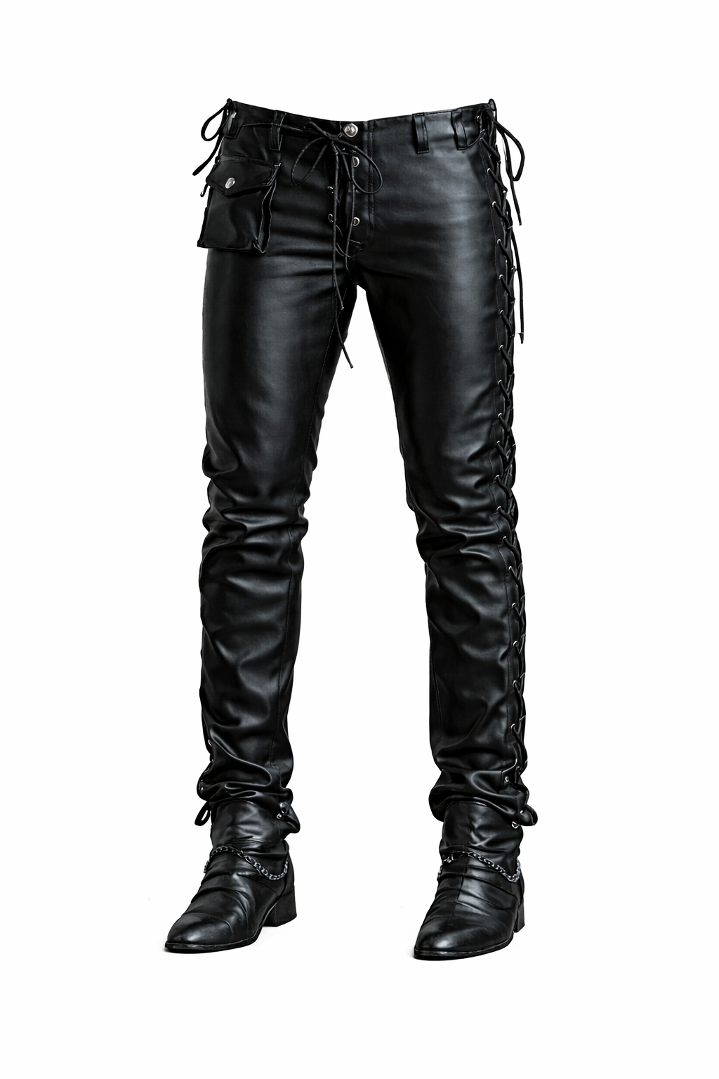 Men's Black Genuine Leather Lace-Up Pants Biker Premium Leather