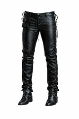 Men's Black Genuine Leather Lace-Up Pants Biker Premium Leather