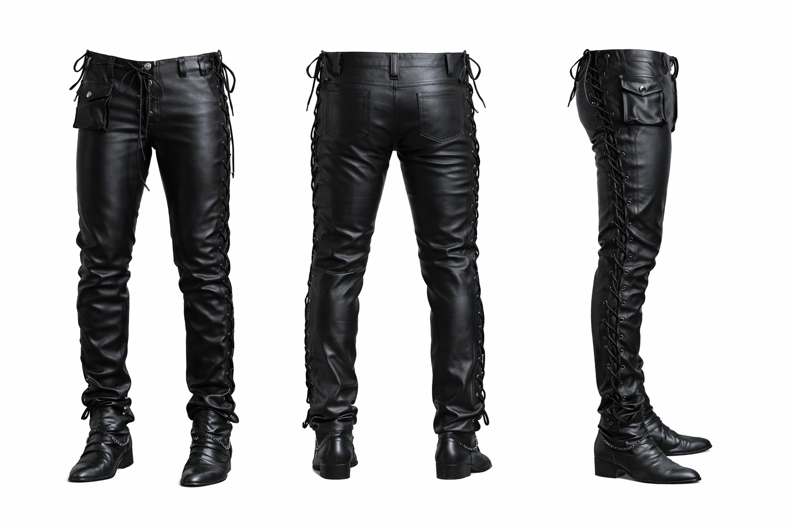 Men's Black Genuine Leather Lace-Up Pants Biker Premium Leather