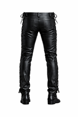 Men's Black Genuine Leather Lace-Up Pants Biker Premium Leather