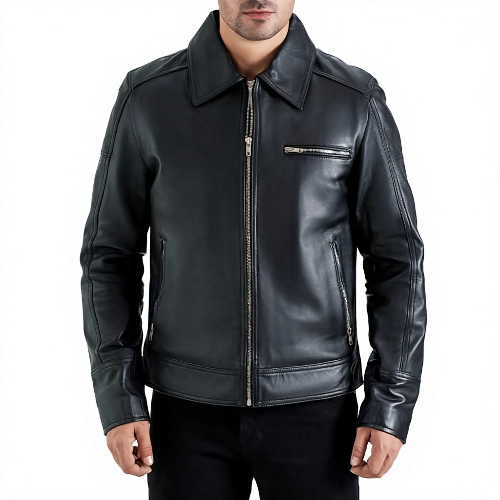 Men's Genuine Leather Moto Jacket Turn-Down Collar Zipper Front Solid Black Regular Fit Autumn Wear