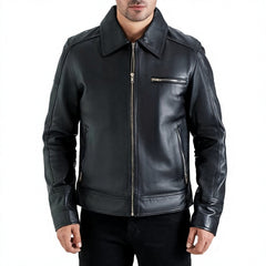 Men's Genuine Leather Moto Jacket Turn-Down Collar Zipper Front Solid Black Regular Fit Autumn Wear