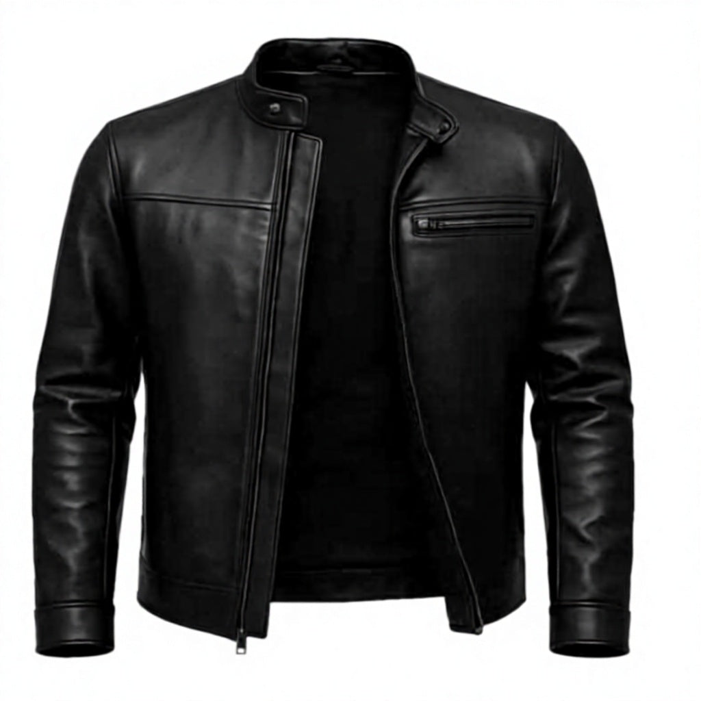 Men's Black Genuine Leather Moto Jacket Stand Collar Zipper Closure Regular Fit Autumn Style