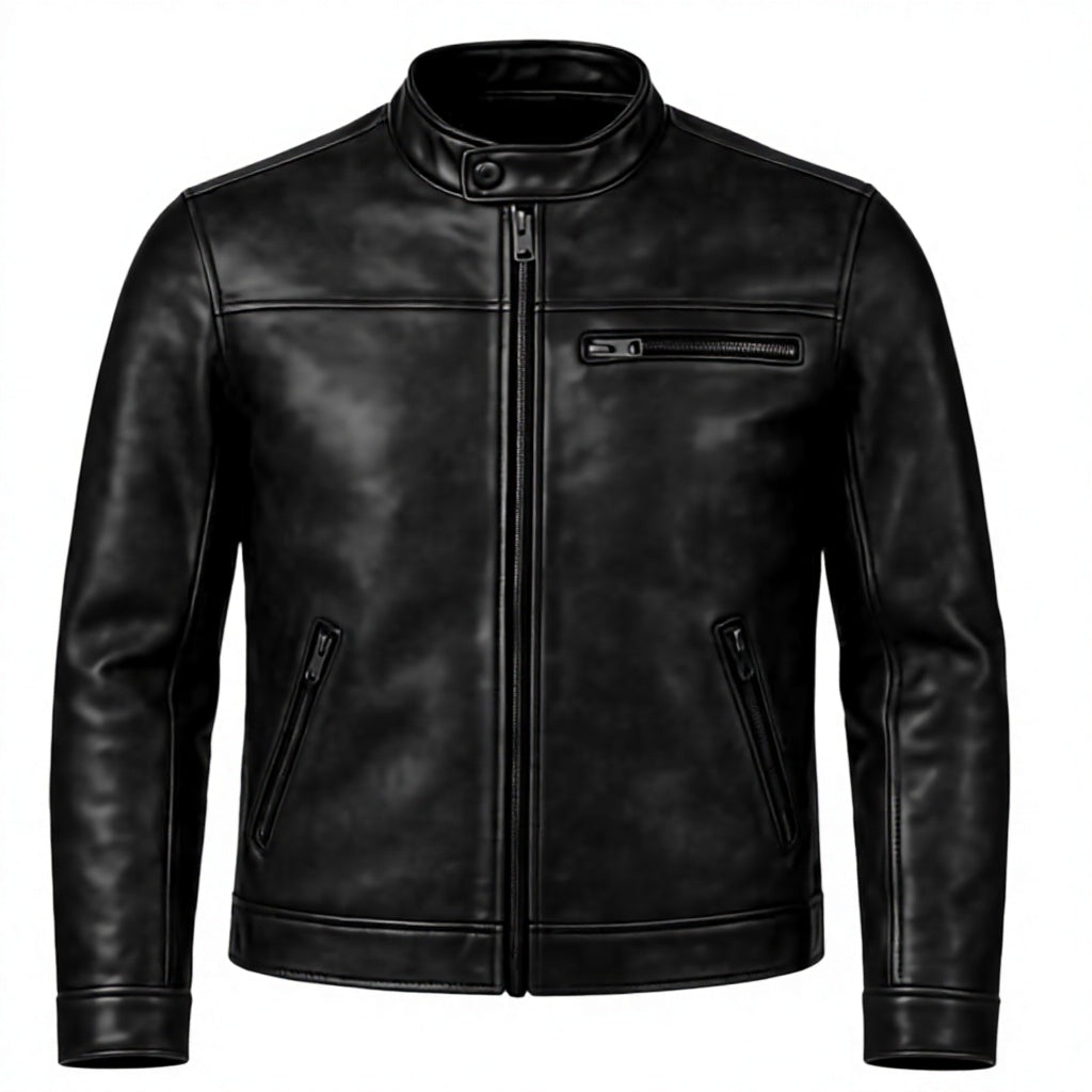 Men's Black Genuine Leather Moto Jacket Stand Collar Zipper Closure Regular Fit Autumn Style