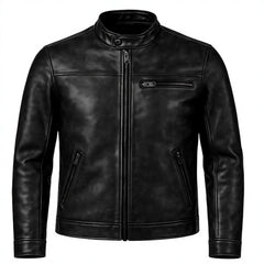 Men's Black Genuine Leather Moto Jacket Stand Collar Zipper Closure Regular Fit Autumn Style
