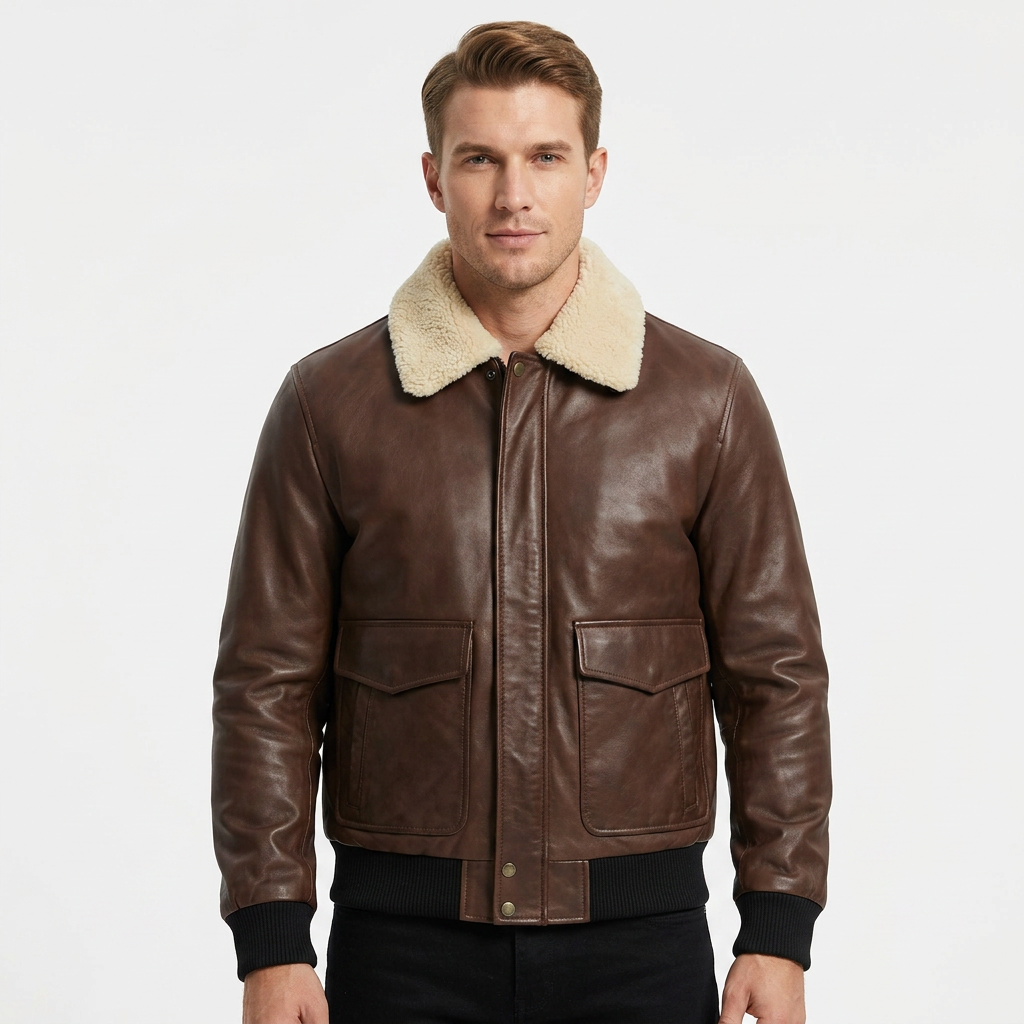 Men's Brown Genuine Leather Bomber Jacket With Sherpa Lining Turn-down Collar Windproof Winter Moto Biker Style