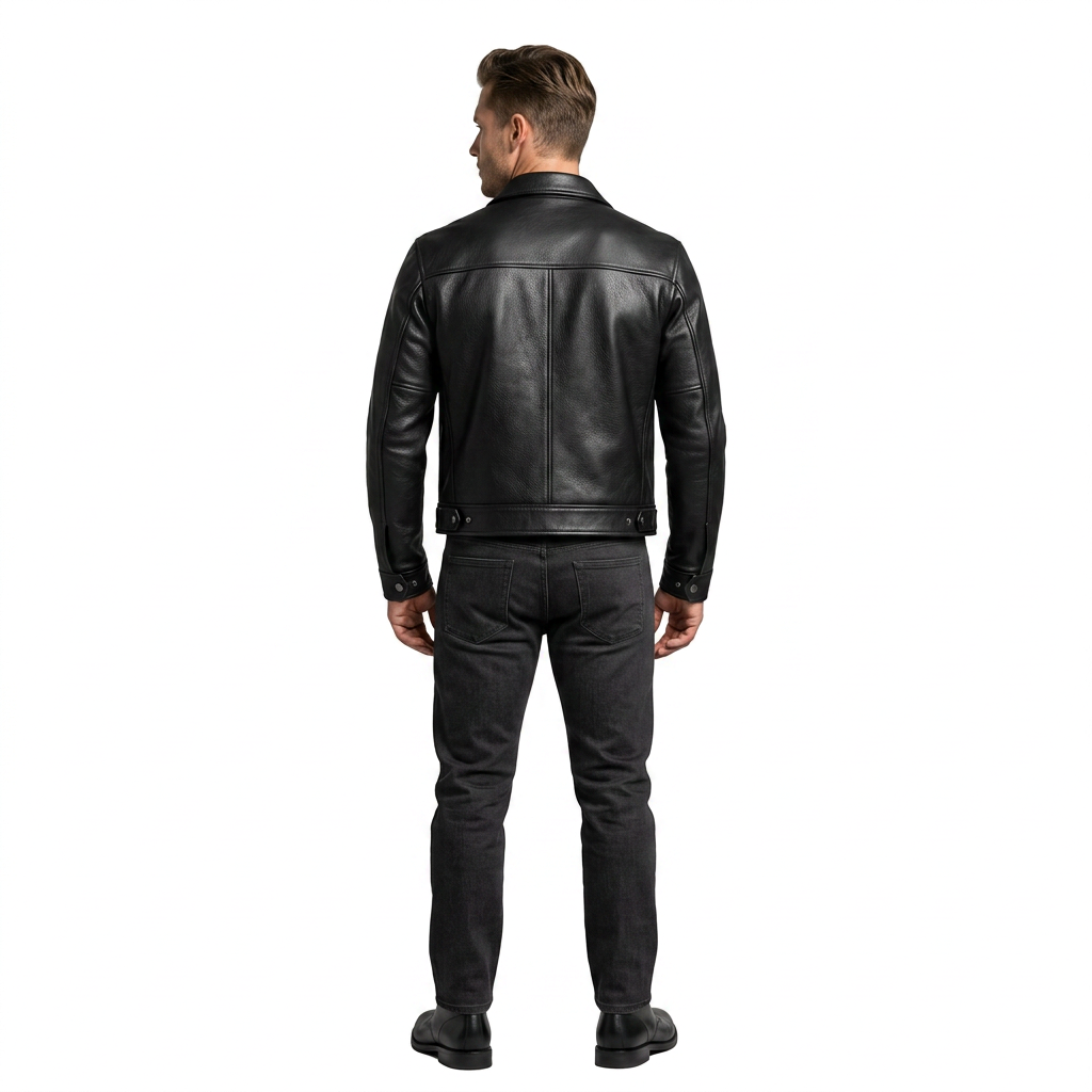 Men's Black Genuine Leather Moto Jacket Stand Collar Zipper Closure Regular Fit Autumn Style