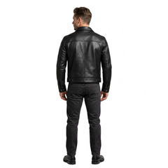 Men's Black Genuine Leather Moto Jacket Stand Collar Zipper Closure Regular Fit Autumn Style