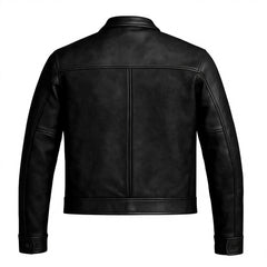 Men's Black Genuine Leather Moto Jacket Stand Collar Zipper Closure Regular Fit Autumn Style
