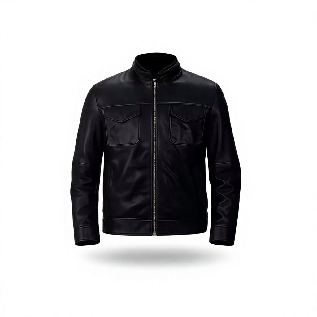 Men's Black Genuine Leather Stand Collar Utility Jacket Full Zip Casual Motorcycle Jacket