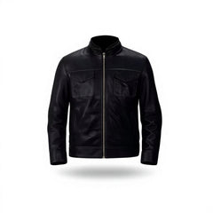 Men's Black Genuine Leather Stand Collar Utility Jacket Full Zip Casual Motorcycle Jacket