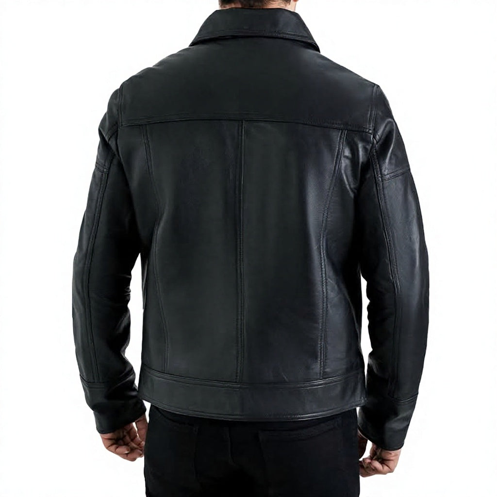 Men's Genuine Leather Moto Jacket Turn-Down Collar Zipper Front Solid Black Regular Fit Autumn Wear