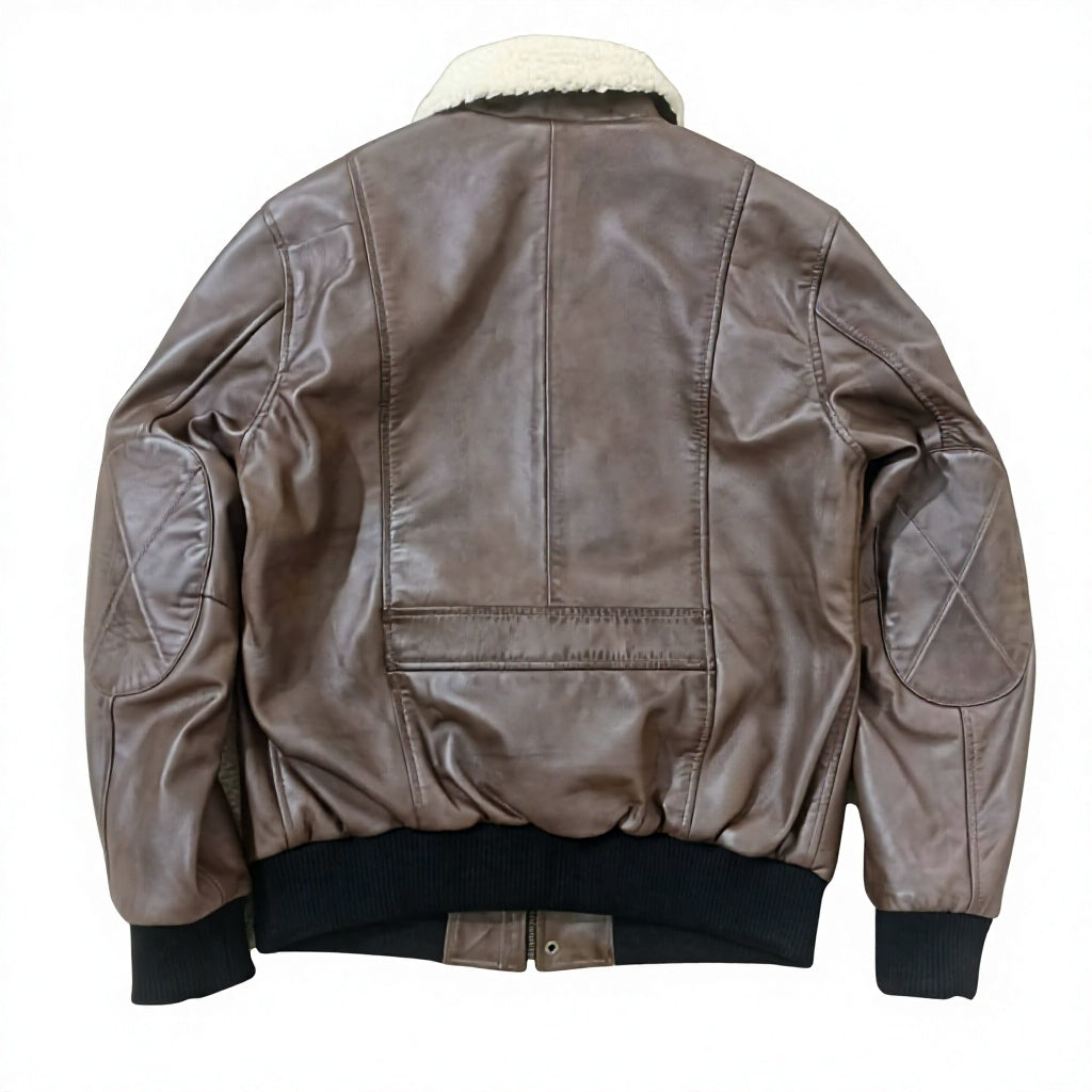 Men's Brown Genuine Leather Bomber Jacket With Sherpa Lining Turn-down Collar Windproof Winter Moto Biker Style