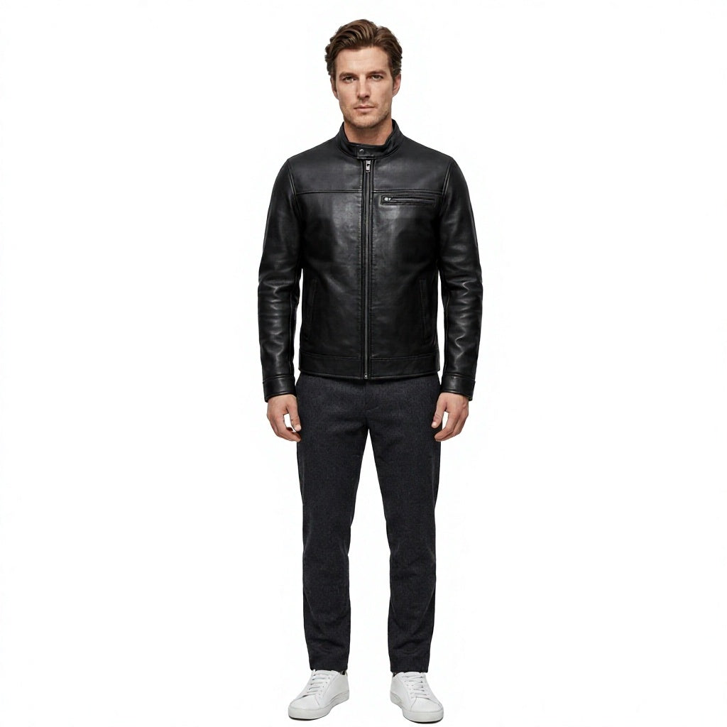 Men's Black Genuine Leather Moto Jacket Stand Collar Zipper Closure Regular Fit Autumn Style