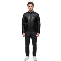 Men's Black Genuine Leather Moto Jacket Stand Collar Zipper Closure Regular Fit Autumn Style