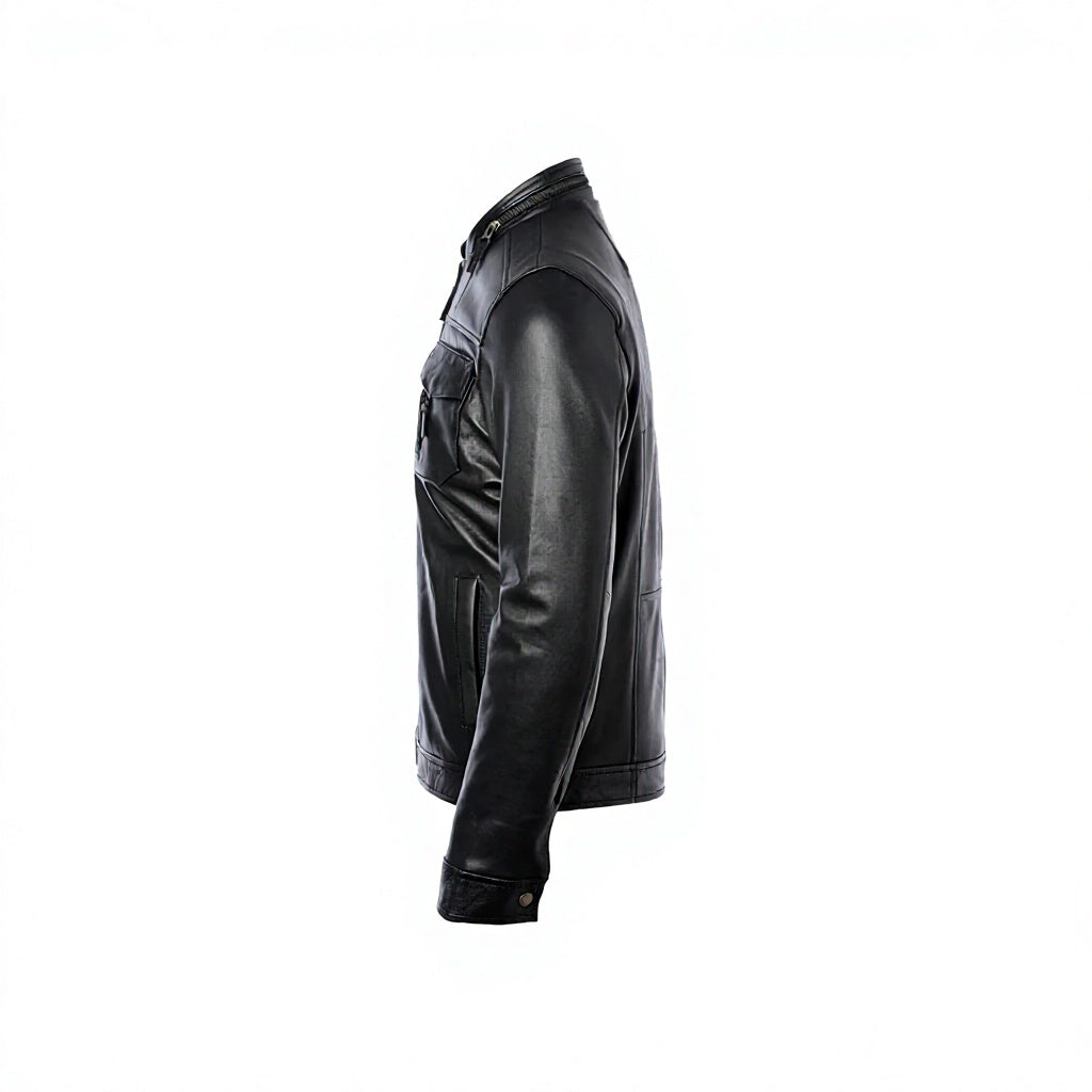 Men's Black Genuine Leather Stand Collar Utility Jacket Full Zip Casual Motorcycle Jacket