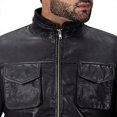 Men's Black Genuine Leather Stand Collar Utility Jacket Full Zip Casual Motorcycle Jacket