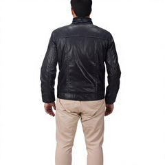 Men's Black Genuine Leather Stand Collar Utility Jacket Full Zip Casual Motorcycle Jacket