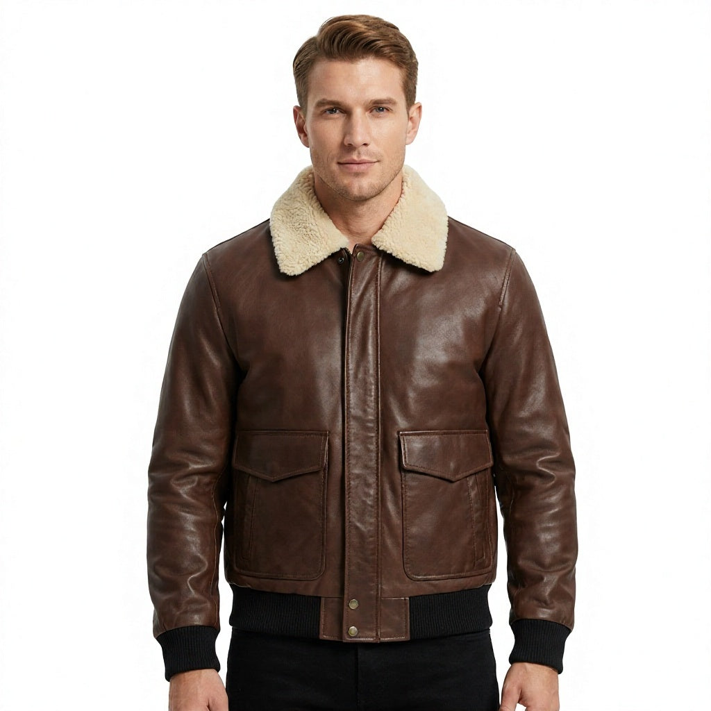 Men's Brown Genuine Leather Bomber Jacket With Sherpa Lining Turn-down Collar Windproof Winter Moto Biker Style