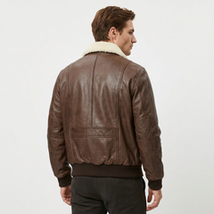 Men's Brown Genuine Leather Bomber Jacket With Sherpa Lining Turn-down Collar Windproof Winter Moto Biker Style
