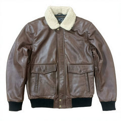 Men's Brown Genuine Leather Bomber Jacket With Sherpa Lining Turn-down Collar Windproof Winter Moto Biker Style