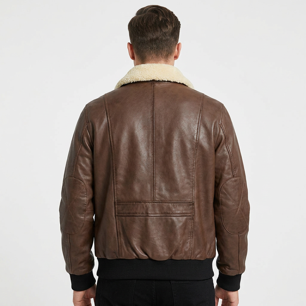 Men's Brown Genuine Leather Bomber Jacket With Sherpa Lining Turn-down Collar Windproof Winter Moto Biker Style