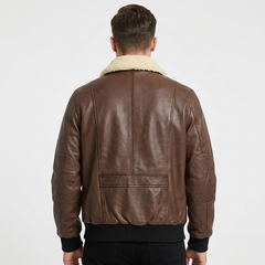 Men's Brown Genuine Leather Bomber Jacket With Sherpa Lining Turn-down Collar Windproof Winter Moto Biker Style