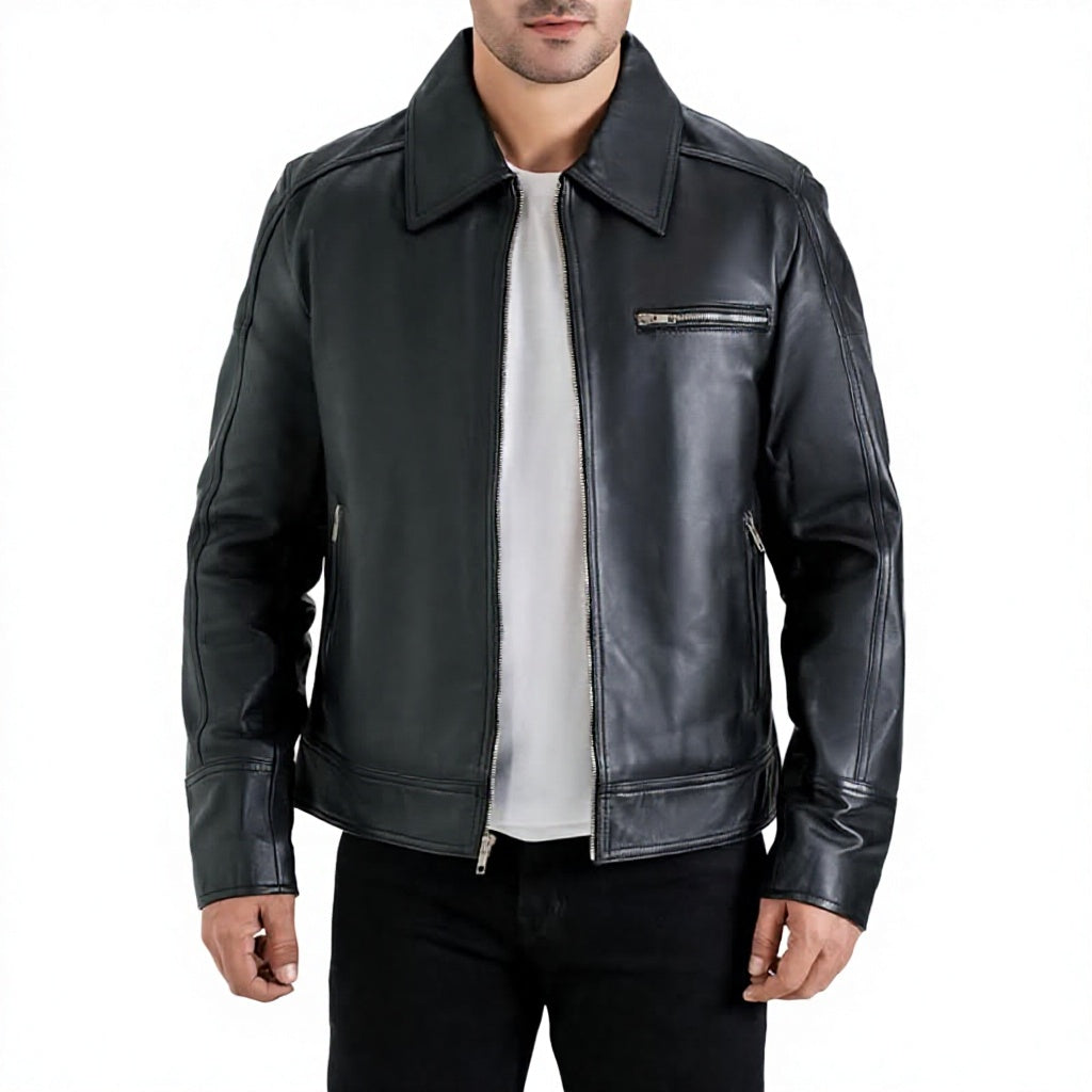 Men's Genuine Leather Moto Jacket Turn-Down Collar Zipper Front Solid Black Regular Fit Autumn Wear