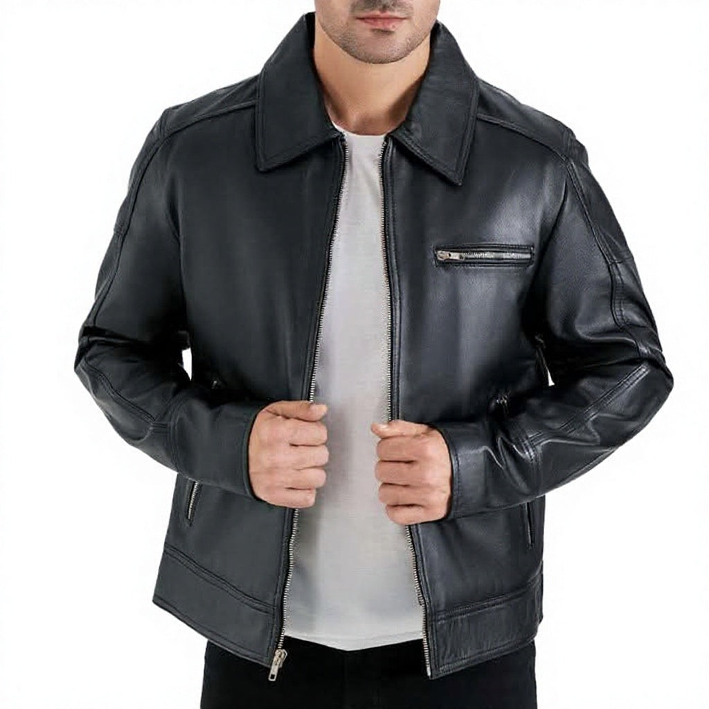 Men's Genuine Leather Moto Jacket Turn-Down Collar Zipper Front Solid Black Regular Fit Autumn Wear