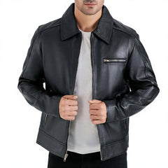 Men's Genuine Leather Moto Jacket Turn-Down Collar Zipper Front Solid Black Regular Fit Autumn Wear