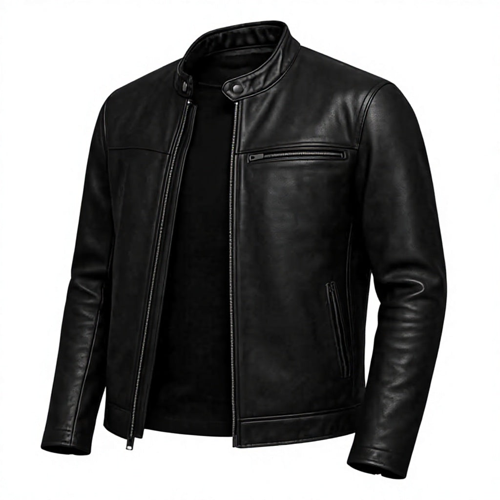 Men's Black Genuine Leather Moto Jacket Stand Collar Zipper Closure Regular Fit Autumn Style